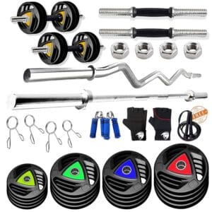 BULLAR Professional Adjustable Rubber Coated 10kg to 100kg Home Gym Set with 5 ft Straight, 3 ft EZ Curl Rod, Metal Rubber Weight Plates (28mm Hole) (15KG HOME GYM SET)