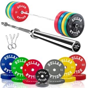 BULLAR Rubber Bumper Plates With Olympic Barbell (150 Kg Set(25X2+20X2+15X2+10X2+5X2))