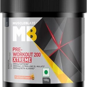 MuscleBlaze Pre Workout 200 Xtreme (Fruit Punch, 15 Servings, 100g) | 200mg Caffeine, 200mg Theanine, 2000mg Beta Alanine, 3000mg Citrulline