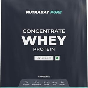 NUTRABAY Pure 100% Raw Whey Protein Concentrate, 23.4g Protein - 1Kg, Unflavoured