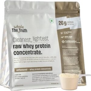 The Whole Truth Whey Protein Concentrate Unflavoured |1 kg (2.2 lbs) | 26g Protein per scoop | 6.4g BCAA | 100% Authentic Whey & No Adulteration | Clean and Light | Muscle Building | Vegetarian